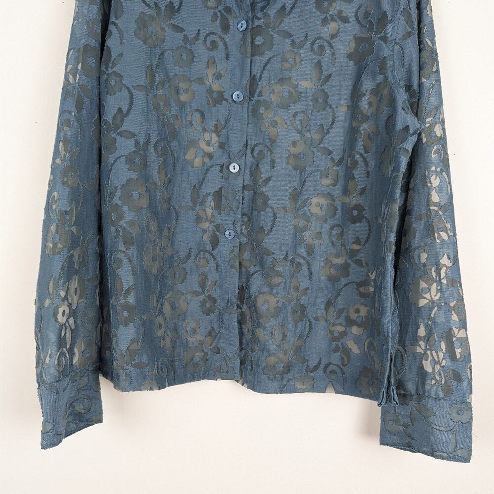 Vintage Mirasol Teal Sheer Floral Cut Out Linen Blend Button Down Blouse Medium - Picture 3 of 7